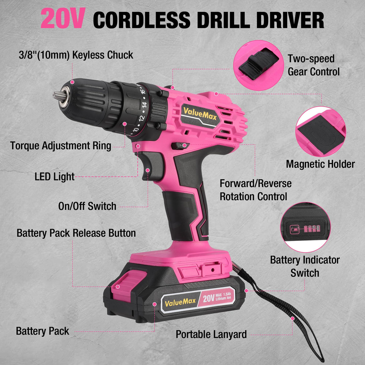 Pink 20V Cordless Drill Set with Battery and Charger H6552