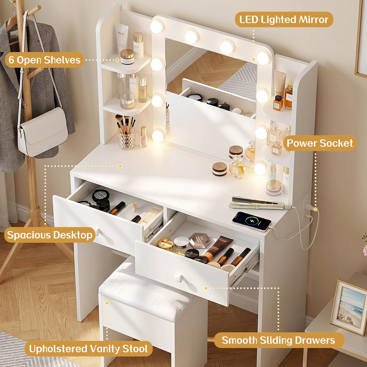 White Vanity Desk with Mirror and Chair Set B103