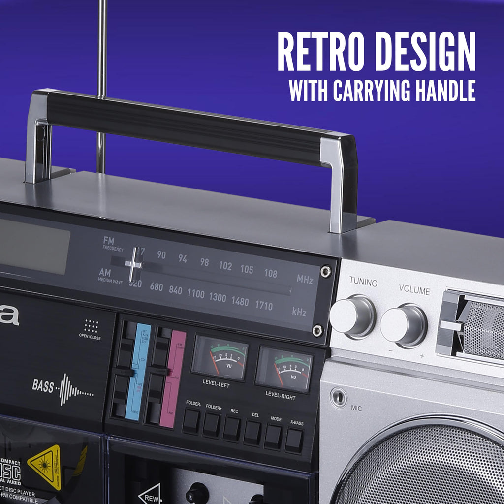 Retro Boombox CD Player with Cassette Recording, Bluetooth, FM/AM Radio, USB/SD/AUX Inputs, Dual 40W Speakers C641031