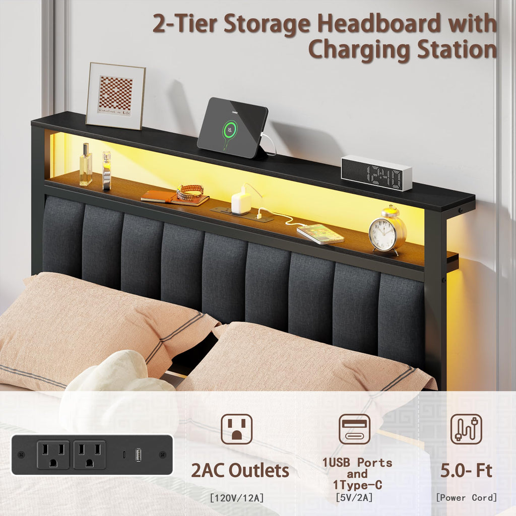 Full Size Bed Frame with Storage Drawers and Upholstered Headboard J2091