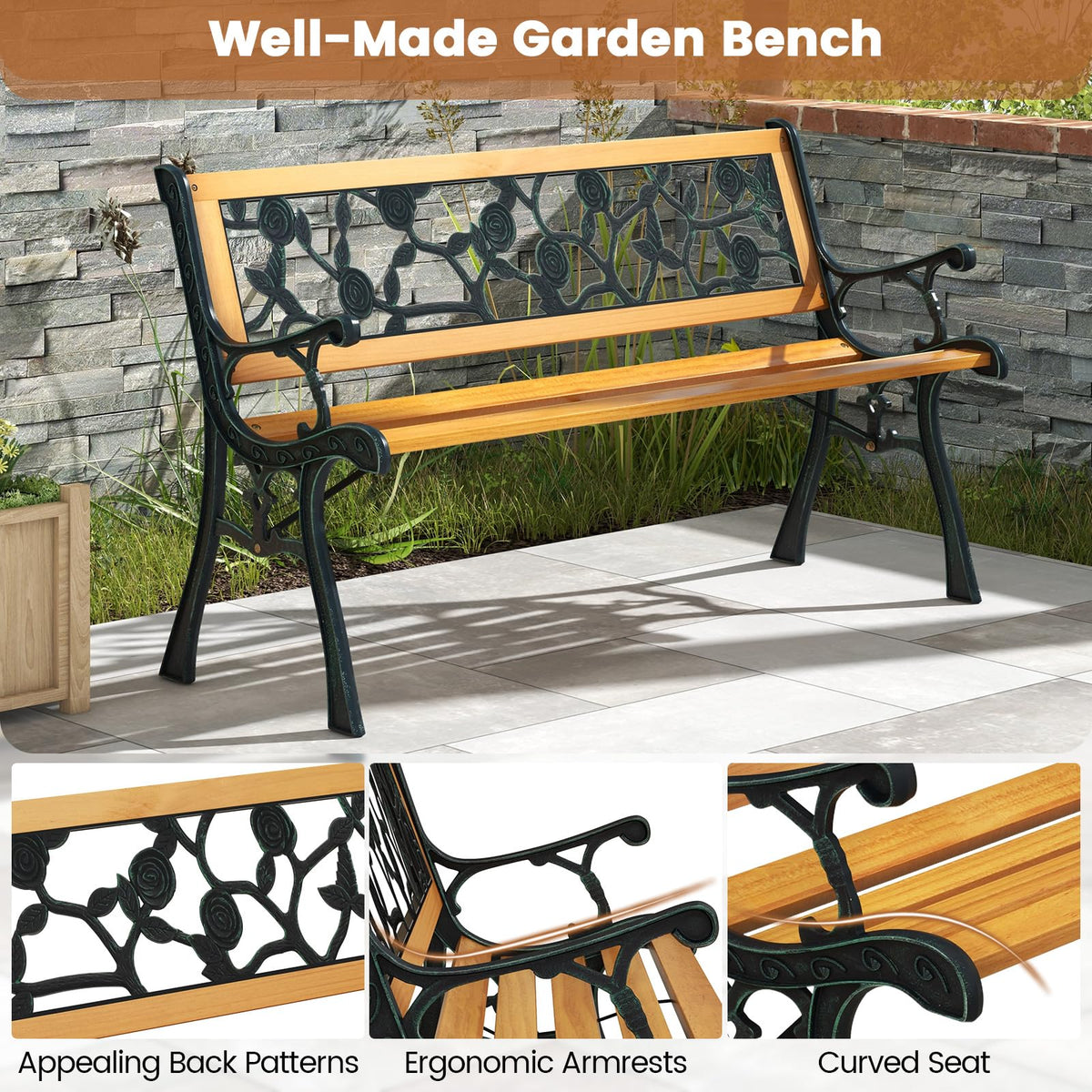 Iron Hardwood Garden Bench J896