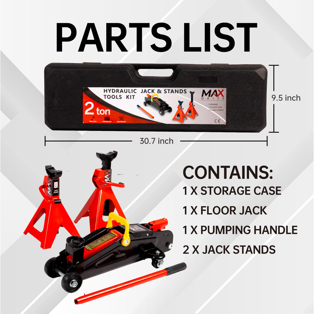 2-Ton Hydraulic Low Profile Trolley Floor Jack with Case and 1 Pair 2 Ton Jack Stands O666