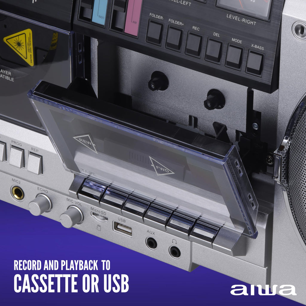 Retro Boombox CD Player with Cassette Recording, Bluetooth, FM/AM Radio, USB/SD/AUX Inputs, Dual 40W Speakers C641031