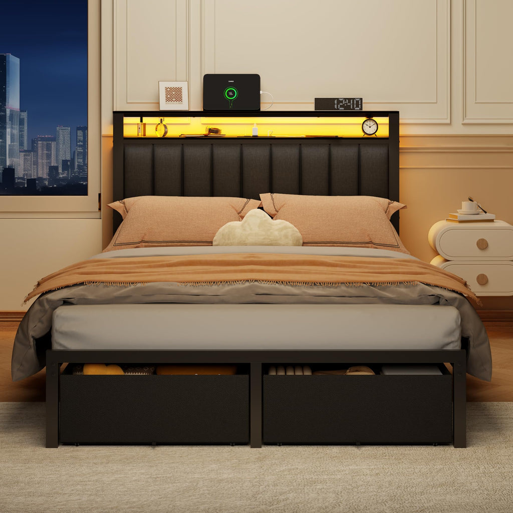 Full Size Bed Frame with Storage Drawers and Upholstered Headboard J2091