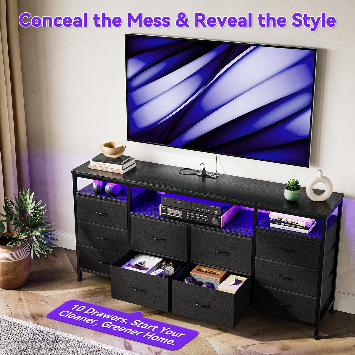 Black 10 Drawer Dresser TV Stand Z6485