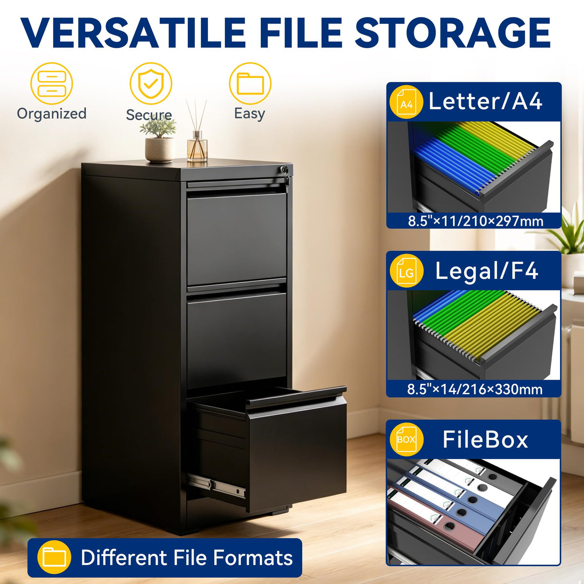 3 Drawer Black Metal File Cabinet with Lock N8785