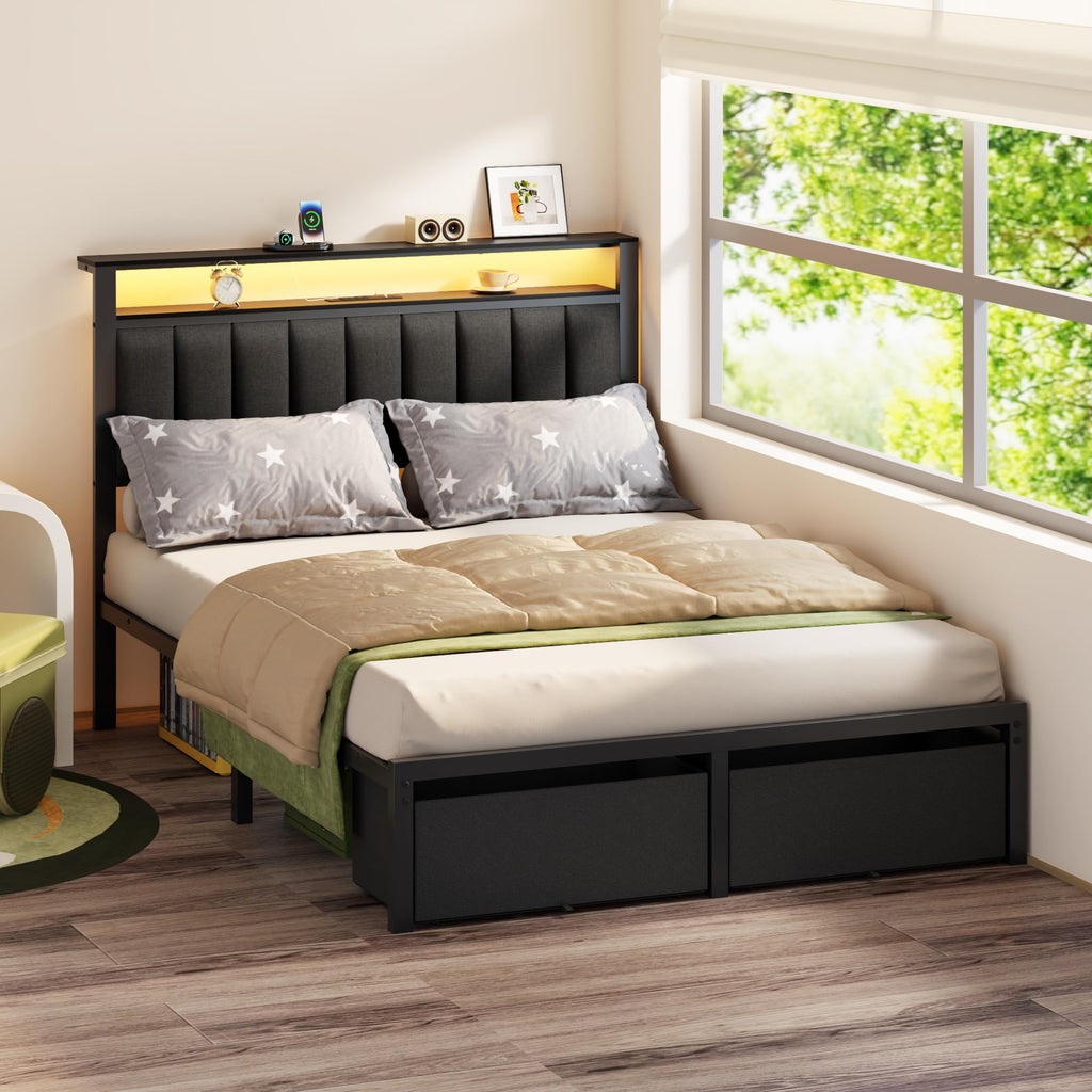 Full Size Bed Frame with Storage Drawers and Upholstered Headboard J2091