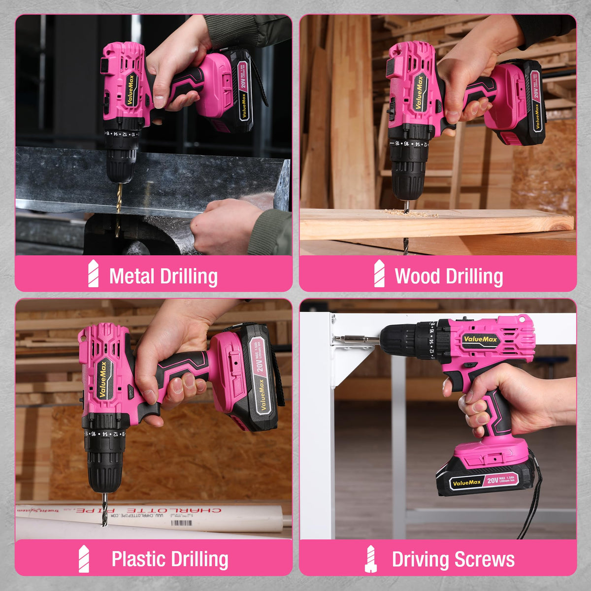 Pink 20V Cordless Drill Set with Battery and Charger H6552