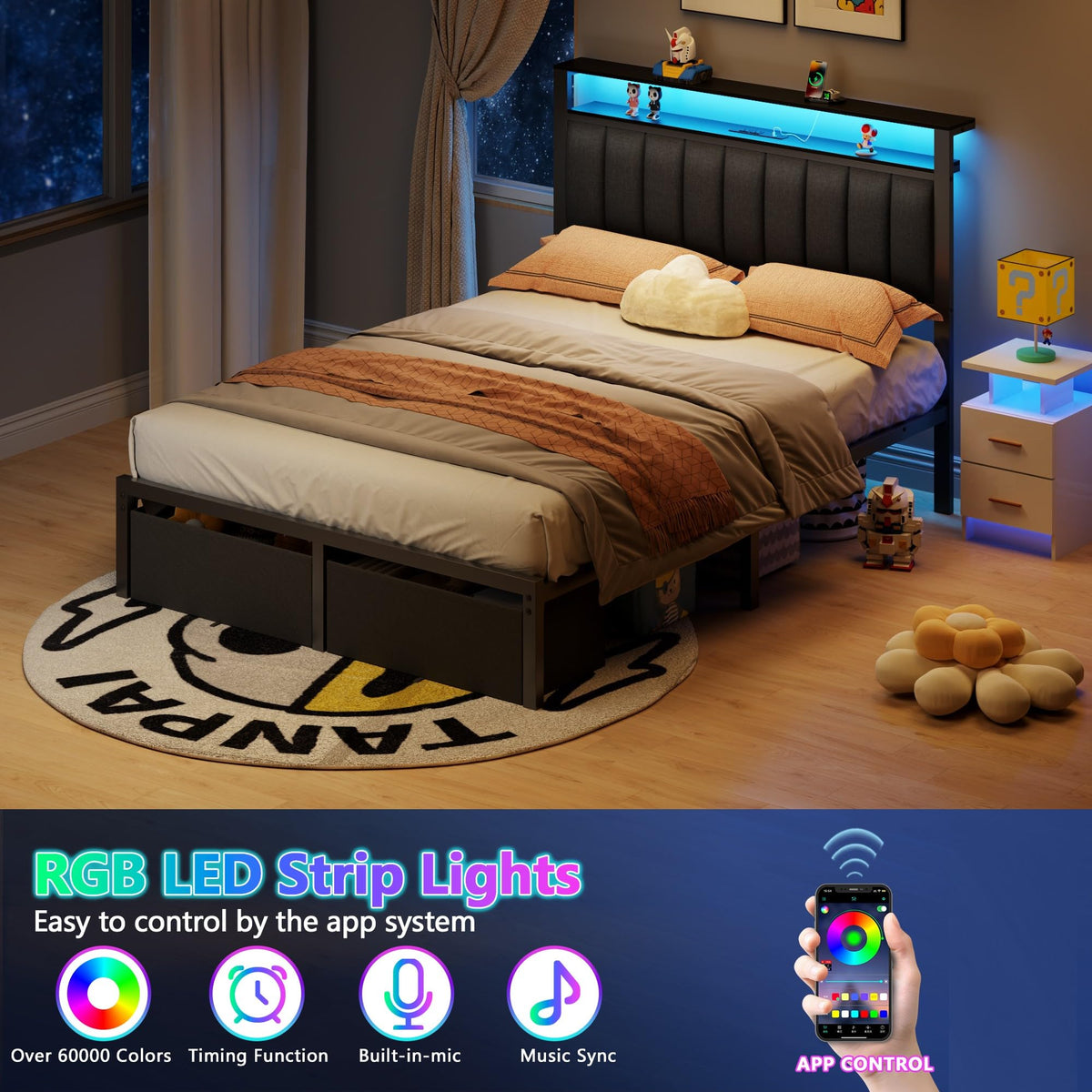 Full Size Bed Frame with Storage Drawers and Upholstered Headboard J2091