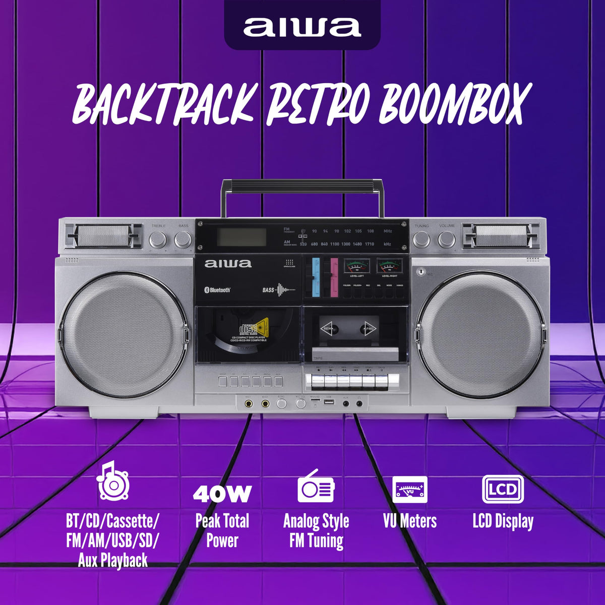 Retro Boombox CD Player with Cassette Recording, Bluetooth, FM/AM Radio, USB/SD/AUX Inputs, Dual 40W Speakers C641031