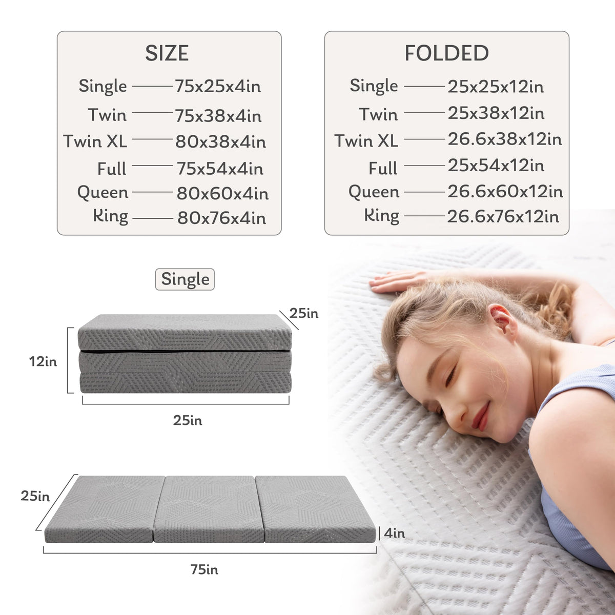 4 Inch Gel Memory Foam Trifold Mattress P794