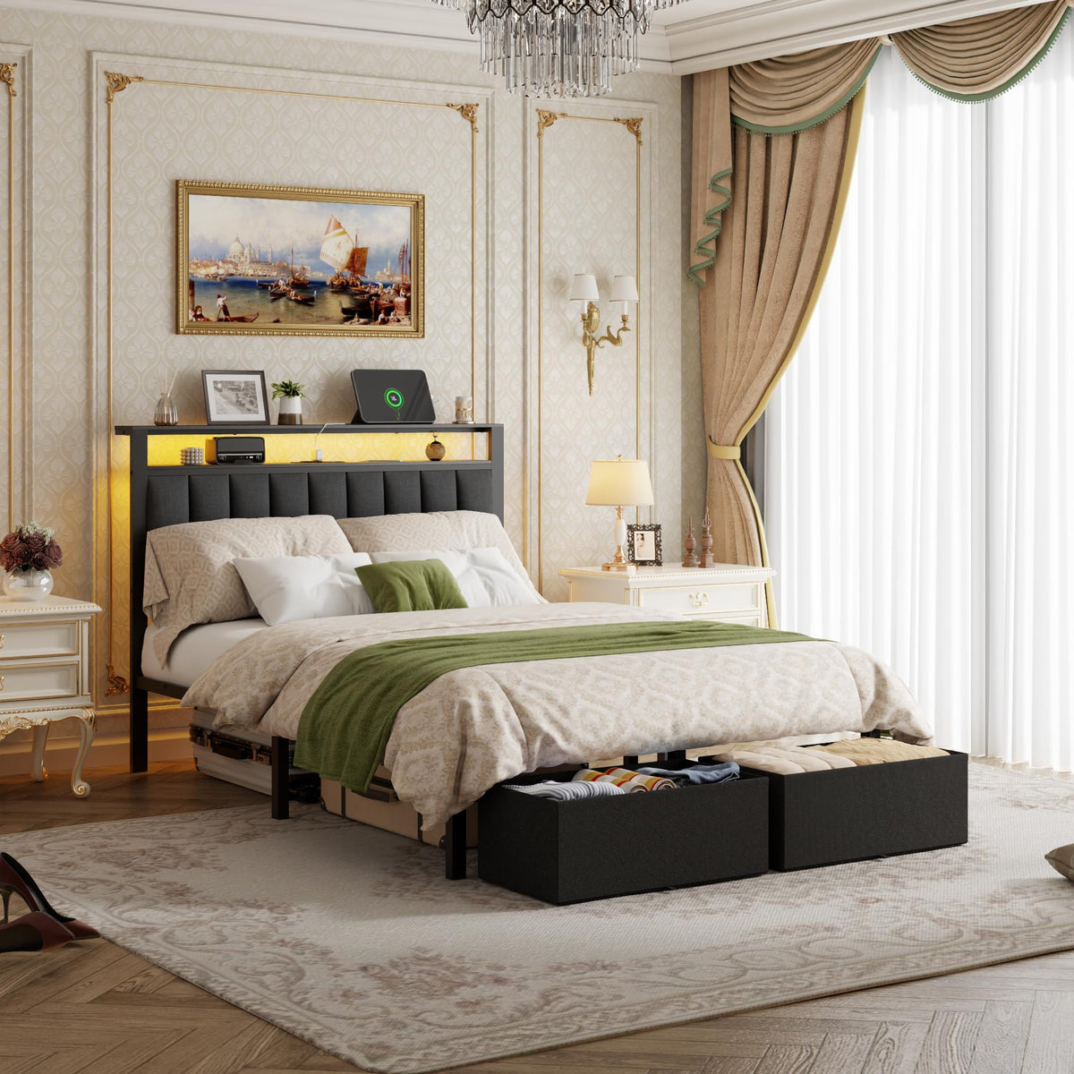 Full Size Bed Frame with Storage Drawers and Upholstered Headboard J2091