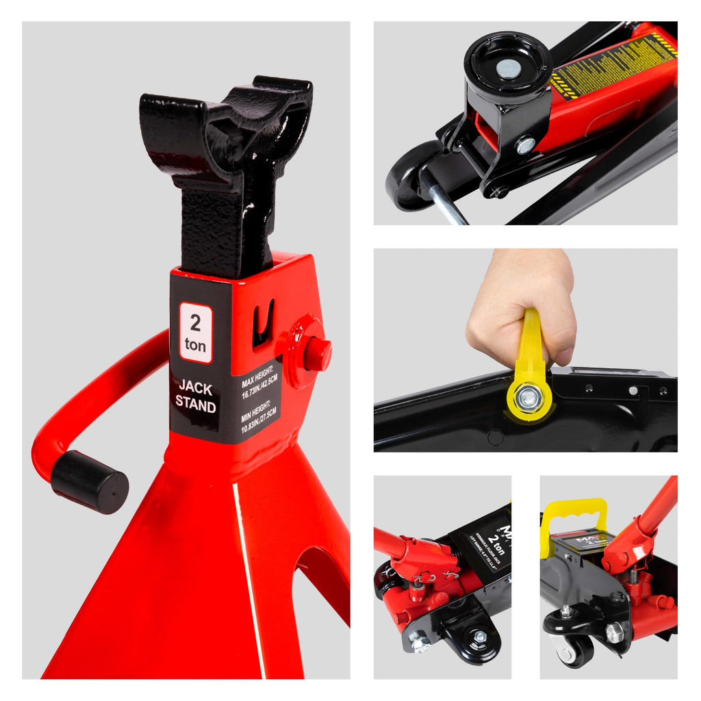 2-Ton Hydraulic Low Profile Trolley Floor Jack with Case and 1 Pair 2 Ton Jack Stands O666
