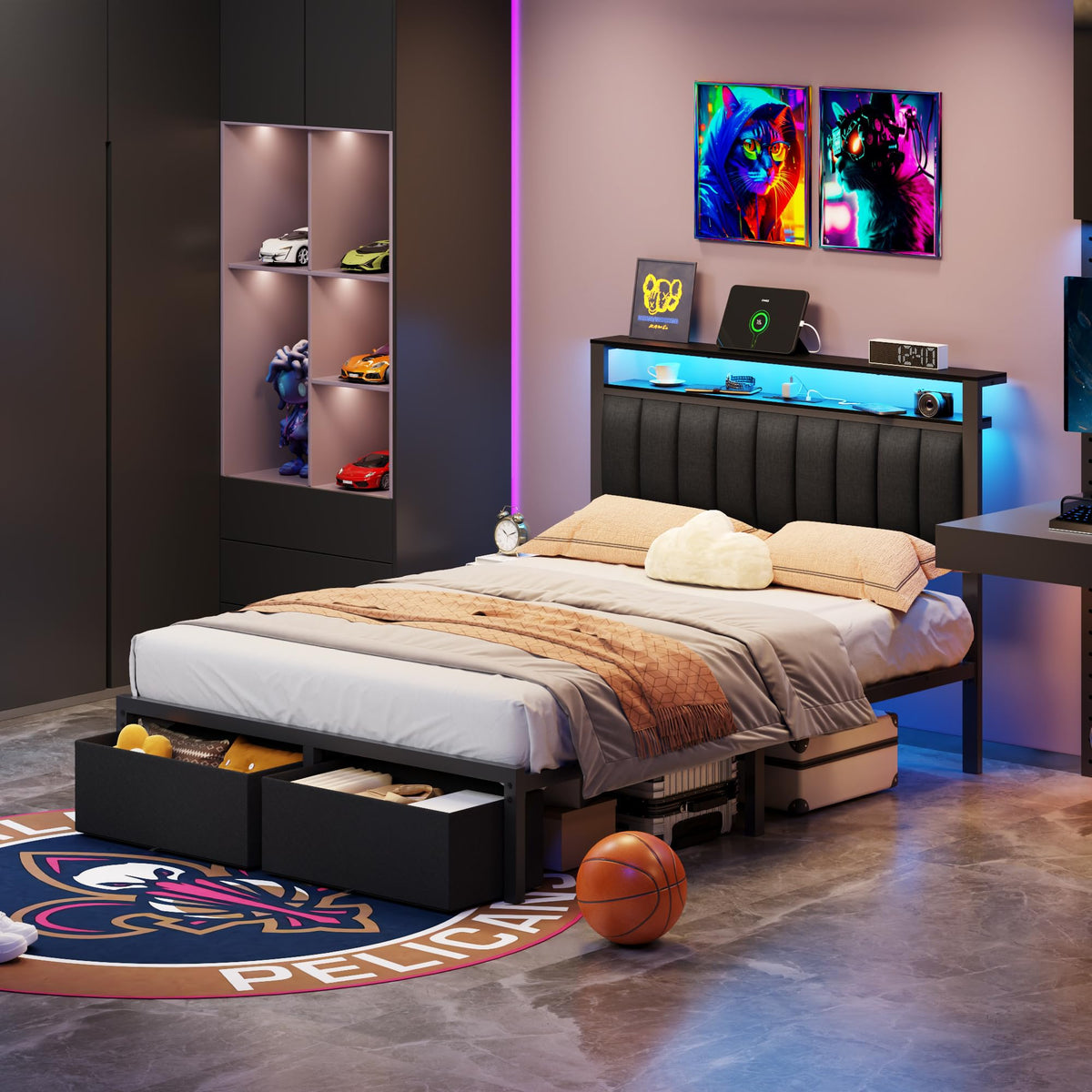 Full Size Bed Frame with Storage Drawers and Upholstered Headboard J2091