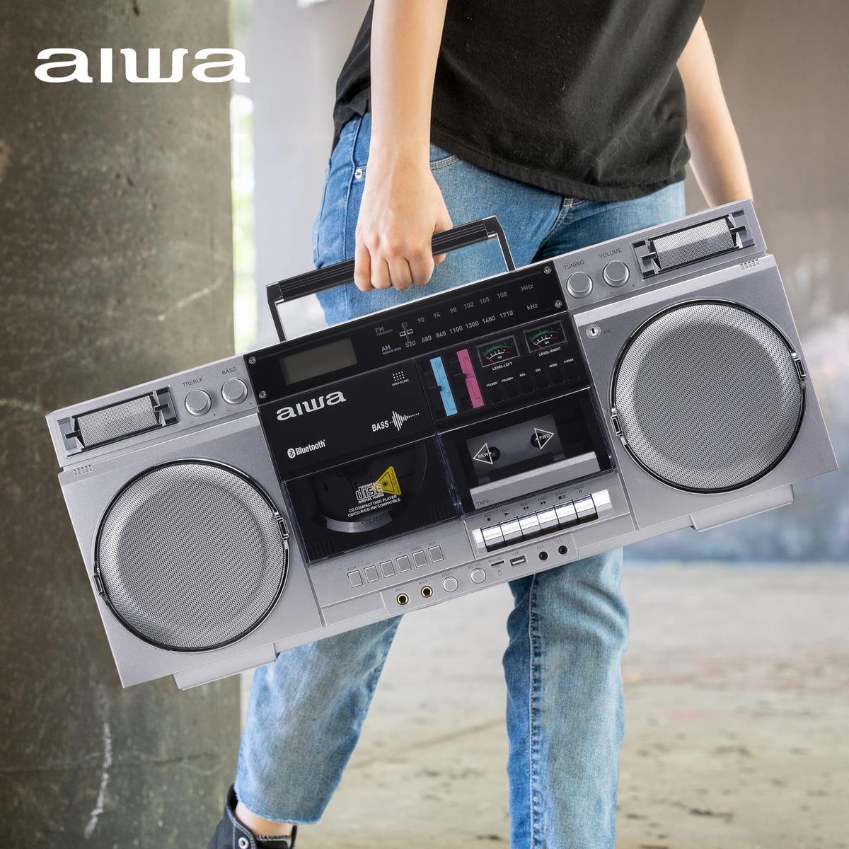 Retro Boombox CD Player with Cassette Recording, Bluetooth, FM/AM Radio, USB/SD/AUX Inputs, Dual 40W Speakers C641031