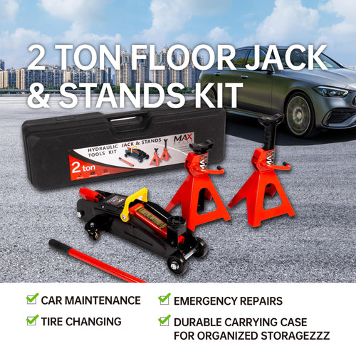 2-Ton Hydraulic Low Profile Trolley Floor Jack with Case and 1 Pair 2 Ton Jack Stands O666