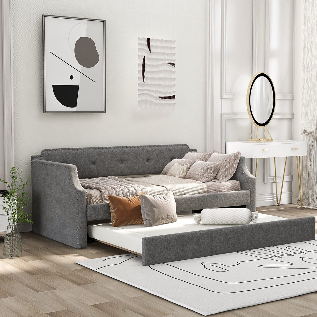 Twin Size Gray Linen Upholstered Daybed with Trundle M998851