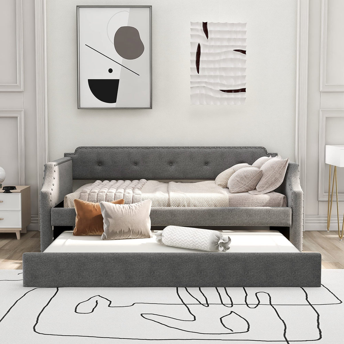 Twin Size Gray Linen Upholstered Daybed with Trundle M998851