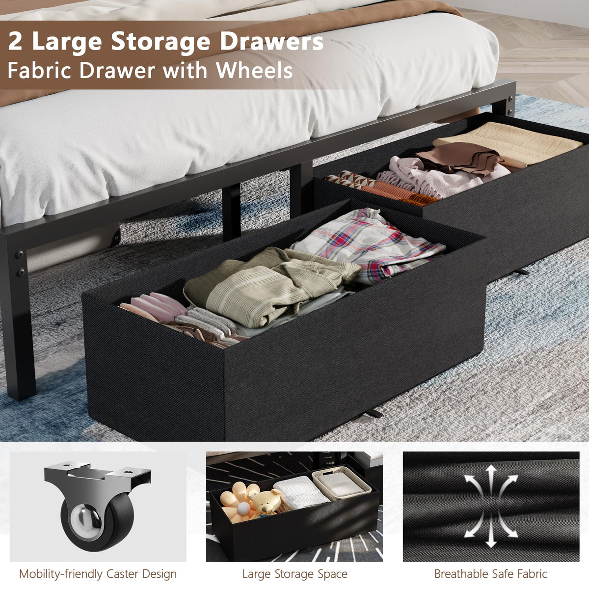 Full Size Bed Frame with Storage Drawers and Upholstered Headboard J2091