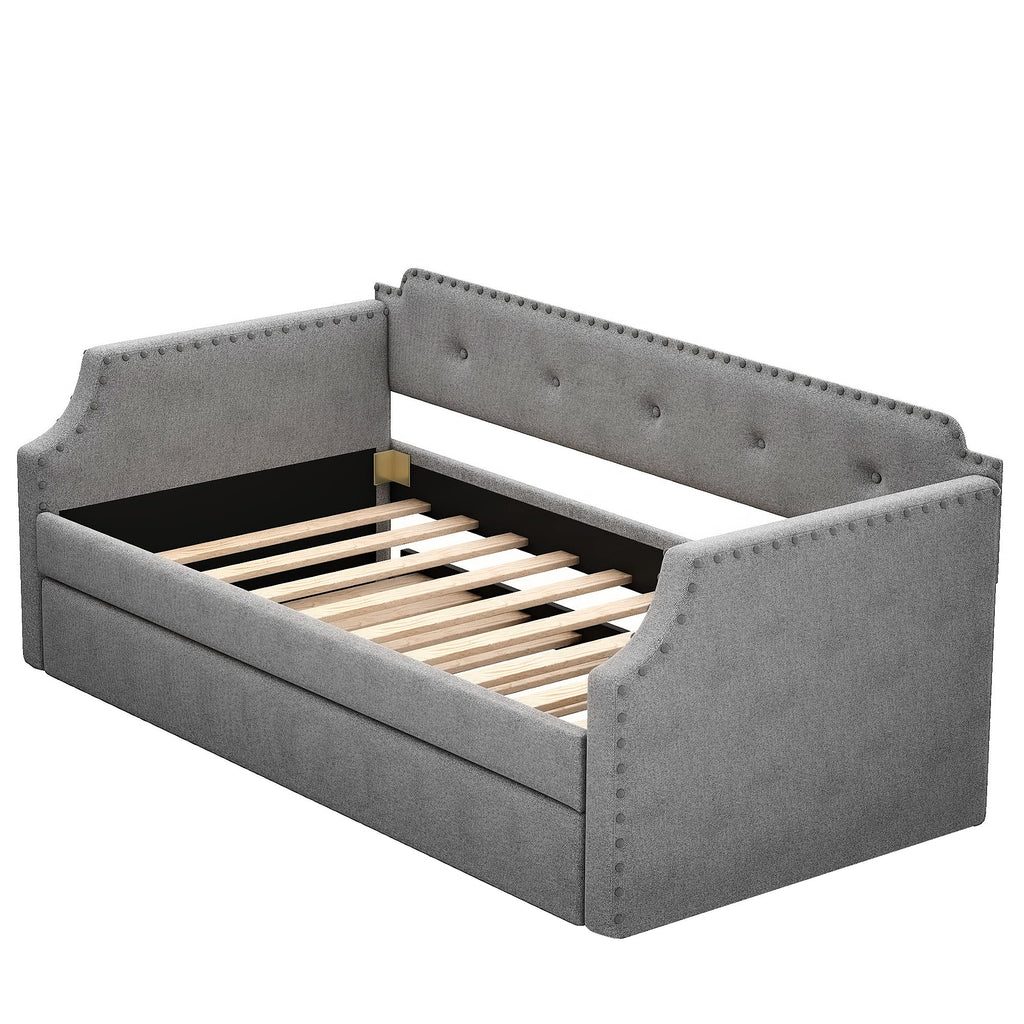Twin Size Gray Linen Upholstered Daybed with Trundle M998851